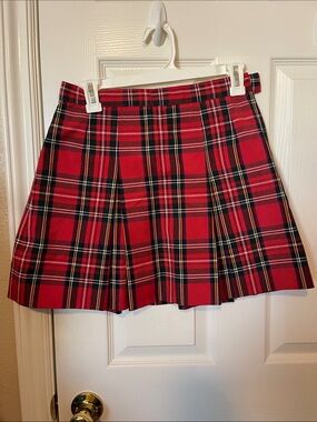 Source Unknown Red Plaid Pleated Skirt with Black & Yellow Accents